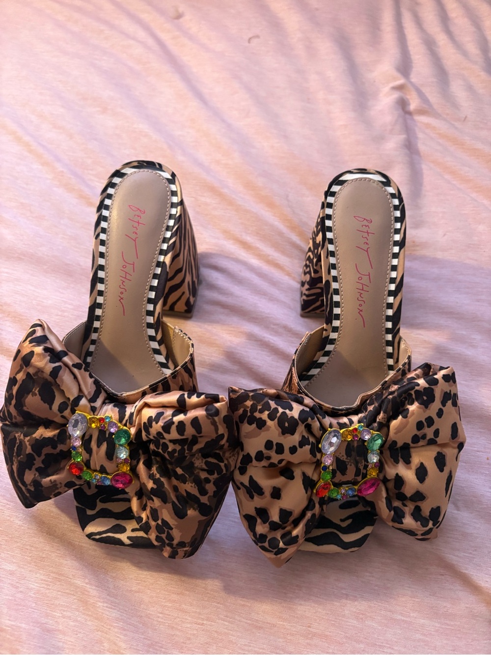 Betsey Johnson Leopard Bow Slide Heels with Multicolored Jewel Buckle